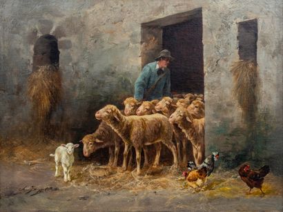 null Ecole française du XIXème siècle.

Agneau et moutons en sortie d'étable. 

Huile...