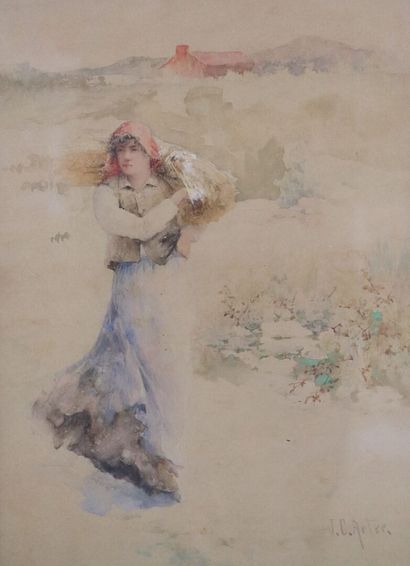 null John-Charles ARTER (1860-1923).

Femme au fagot.

Aquarelle sur papier, signée...