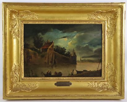 null Egbert van der POEL(1621-1664), follower of.

Boat in the moonlight.

Oil on...