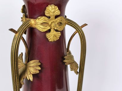null A pair of burgundy enamelled porcelain vases in a gilt bronze frame.

Art Nouveau...