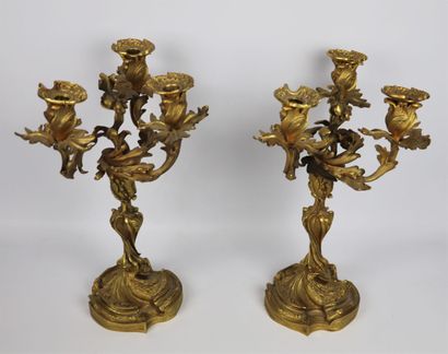 null Paire de candélabres rocaille à trois lumières en bronze doré

Style Louis XV,...