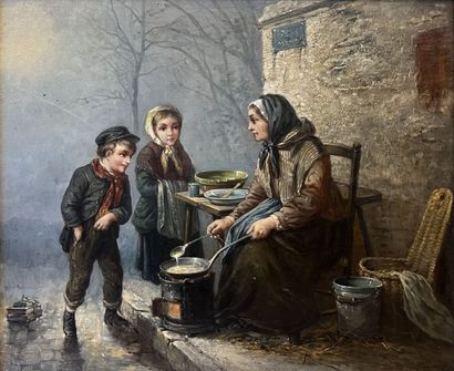 null A. LEONARD (XIXème-XXème siècle). 

Enfants à la luge et enfants au souper....