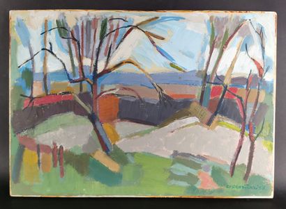 null Adrianus REMIËNS (1927).

Landscape with trees.

Oil on paper pasted on wood...
