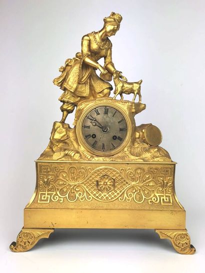 null Pendule romantique en bronze doré figurant Esméralda au chevreau, portant l'inscription...