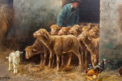 null Ecole française du XIXème siècle.

Agneau et moutons en sortie d'étable. 

Huile...