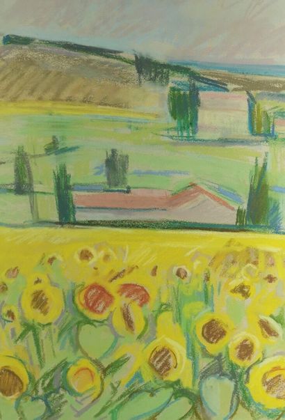 null Adrianus REMIËNS (1927).

Field of sunflowers, 1994.

Grease pencil on paper...