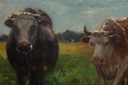 null Ecole française du XIXème siècle.

Deux vaches. 

Huile sur toile, portant une...