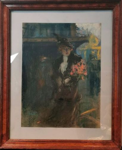 null Louis FORTUNEY (1875-1951). 

Cavalier et elégante à la robe noire et au bouquet...