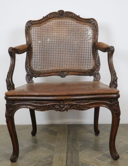 null Flat back beechwood armchair, moulded and carved with pomegranates, foliage...