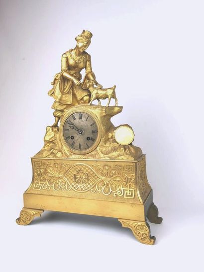 null Pendule romantique en bronze doré figurant Esméralda au chevreau, portant l'inscription...
