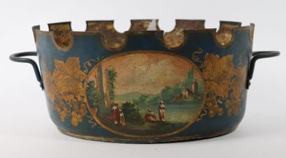 null A painted tin plate refreshment stand decorated with animated landscapes in...