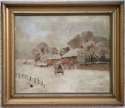null R. SCALES.

Carriage on a snowy road.

Oil on canvas board, signed lower right...