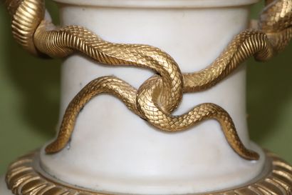 null Important vase en marbre blanc et bronze doré, les anses formées de serpents.

D'après...