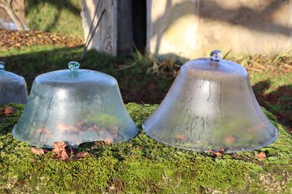 null Two old melon bells in blown glass.

H_38 cm D_50 cm.

H_31 cm D_45 cm, a lack...