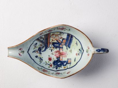 null CHINA.

Porcelain sauceboat with polychrome decoration of court scene.

18th...
