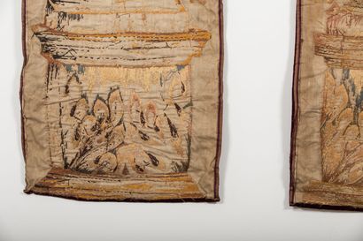 null Pair of large polychrome embroideries, on a purple velvet background.

They...