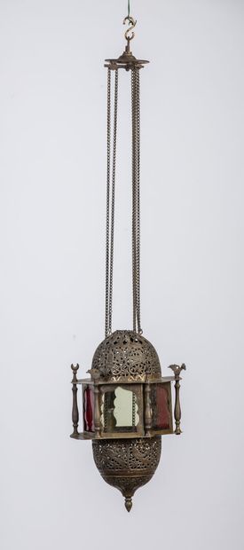 null Lantern of mosque out of openwork brass and engraved with decoration of animals...