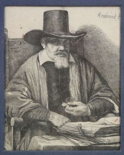  REMBRANDT VAN RIJN (1606-1669), d'après. 
Portrait d'Arnold Tholinx. 
Gravure en...