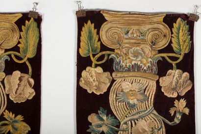 null Pair of large polychrome embroideries, on a purple velvet background.

They...