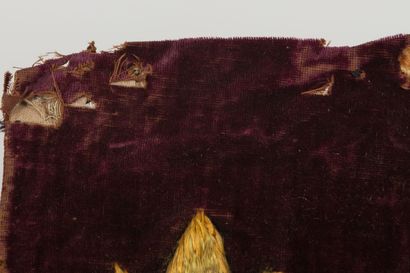 null Pair of large polychrome embroideries, on a purple velvet background.

They...