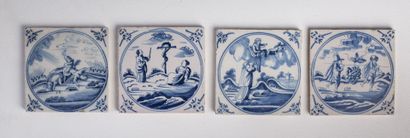null DELFT.

Four earthenware tiles decorated in blue monochrome of animated scenes.

XVIIIth...