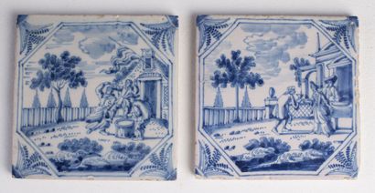 null DELFT.

Deux carreaux en faïence à décor en camaïeu bleu de scènes animées.

XVIIIème...
