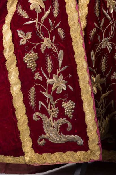 null Two copes or elements of cope with embroidered decoration of vine branches and...