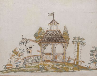 null CHINA.

Embroidery on silk with decoration of animated pagoda.

H_17,5 cm L_23...