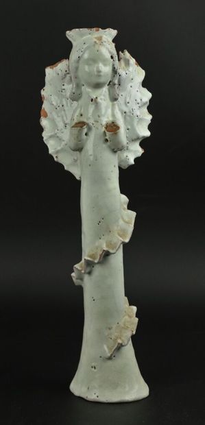 null Candlestick in white glazed earthenware, featuring an angel.

H_29,3 cm, ac...