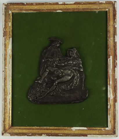 null Bas-relief in cast iron representing a scene of triolism involving a nun, a...