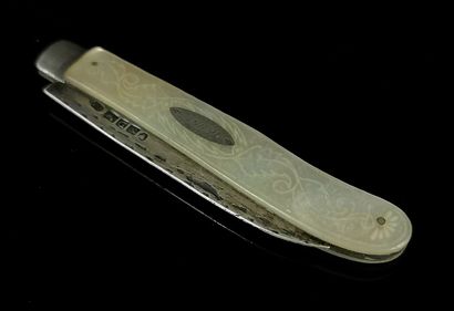 null Small engraved mother-of-pearl and silver pocket knife.

The handle is decorated...