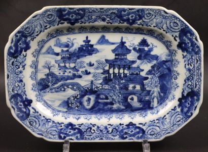 null CHINA.

Small porcelain dish decorated with animated pagodas, in blue monochrome.

End...