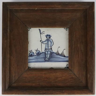 null DELFT.

Five earthenware tiles with blue monochrome decoration of houses and...