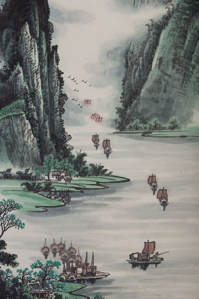 null CHINA.

Lake landscape with junks.

Painting on paper, mounted in kakemono,...