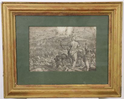  La défaite des turcs à Piombino en 1555. 
Gravure en noir. 
XVIIème siècle. 
H_18.5...