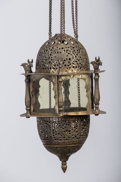 null Lantern of mosque out of openwork brass and engraved with decoration of animals...