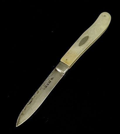 null Small engraved mother-of-pearl and silver pocket knife.

The handle is decorated...