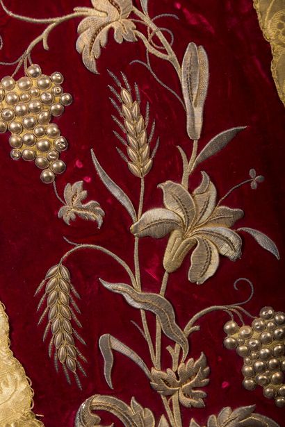 null Two copes or elements of cope with embroidered decoration of vine branches and...