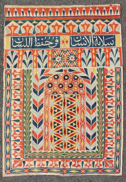 null Pair of large oriental hangings, probably from a mosque, made of colored cloth...