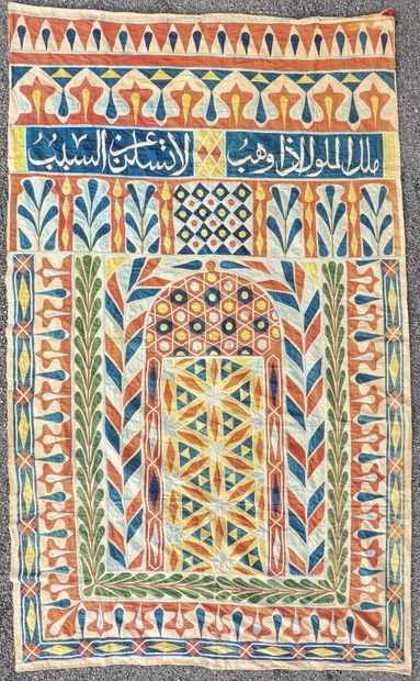 null Pair of large oriental hangings, probably from a mosque, made of colored cloth...