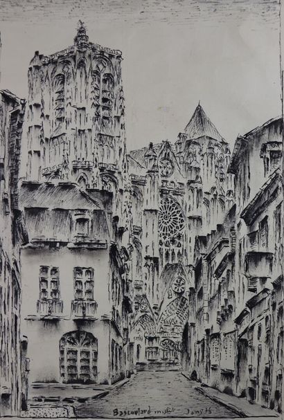 null Marcel BASCOULARD (1913-1978).

La Cathédrale de Bourges, vue de la rue Porte...