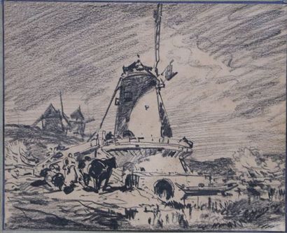 null French school of the end of the XIXth century.

Landscape with mills.

Charcoal...