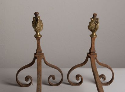 null Paire de chenets en fer forgé et bronze doré.

XVIIIème siècle.

H_35 cm L_...