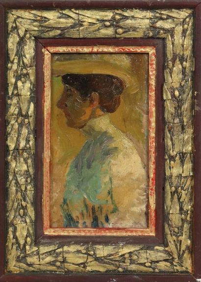 null Ecole française vers 1900.

Portrait de femme au chapeau.

Huile sur carton.

H_15,2...