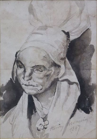 null Henry Bonaventure MONNIER (1805-1877).

Portrait de bretonne.

Encre et lavis...