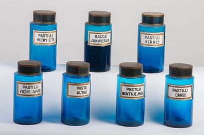 null Ensemble de 7 pots à pharmacie en verre bleu, à étiquettes de porcelaine, les...