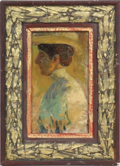 null Ecole française vers 1900.

Portrait de femme au chapeau.

Huile sur carton.

H_15,2...