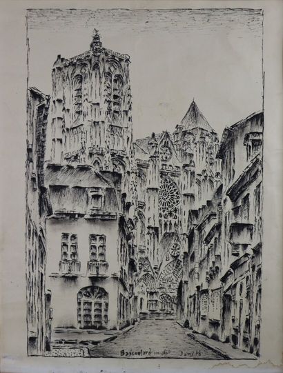 null Marcel BASCOULARD (1913-1978).

La Cathédrale de Bourges, vue de la rue Porte...