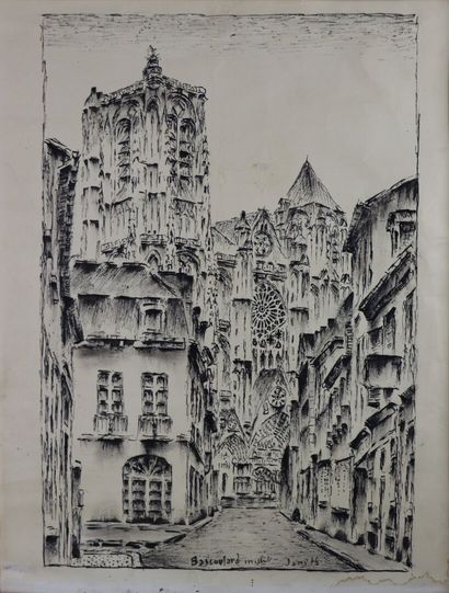 null Marcel BASCOULARD (1913-1978).

The Cathedral of Bourges, seen from the street...