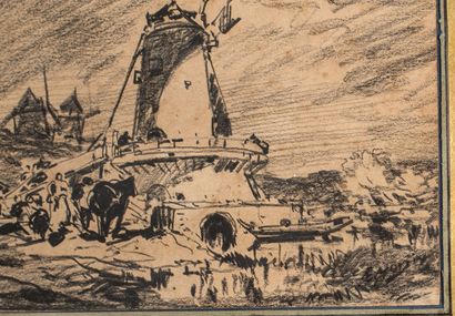 null French school of the end of the XIXth century.

Landscape with mills.

Charcoal...